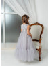 Gray Lace Tulle Beaded Elegant Flower Girl Dress